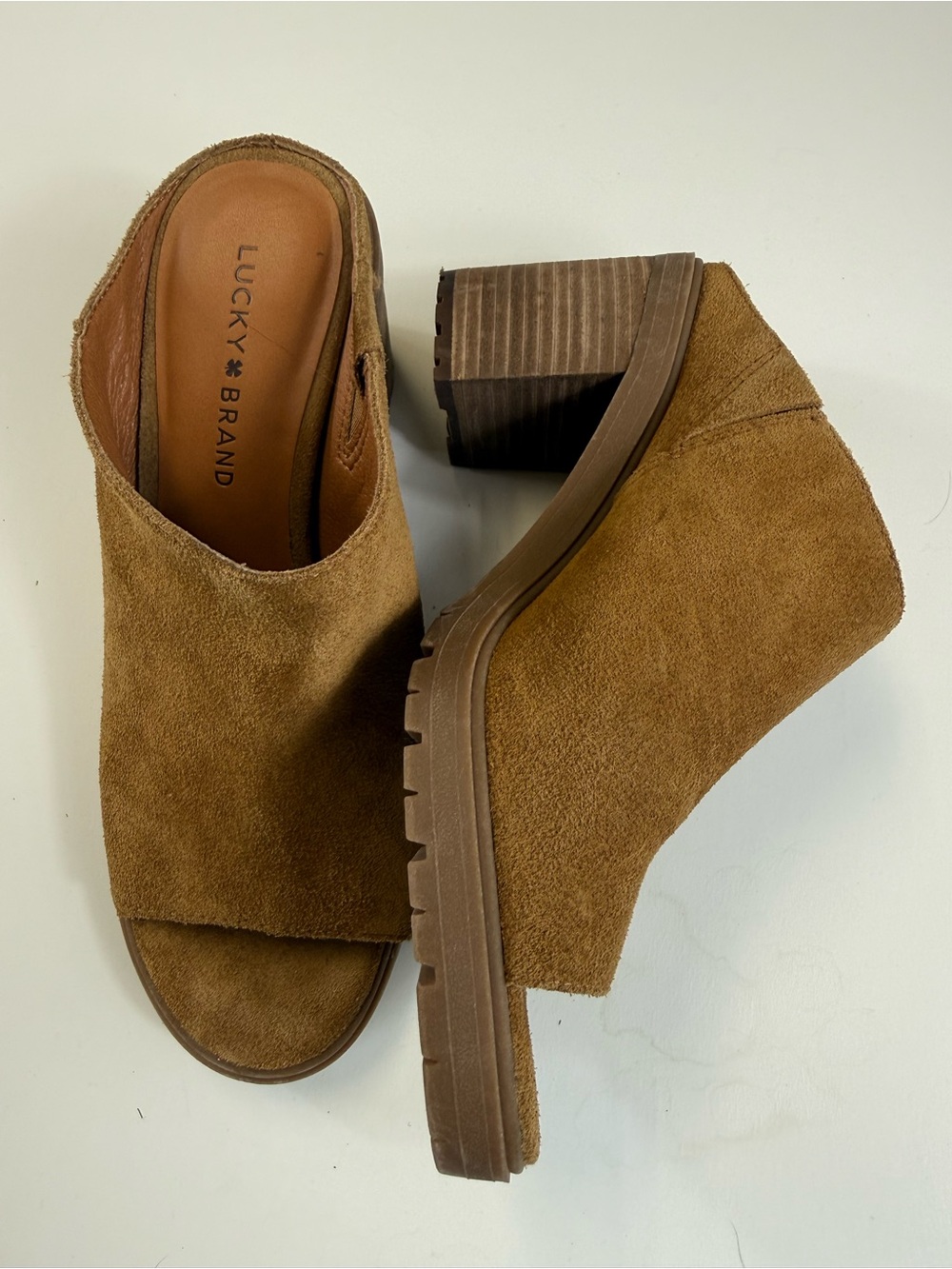 Lucky Brand Chestnut Suede Open-Toe Block Heel Mules
